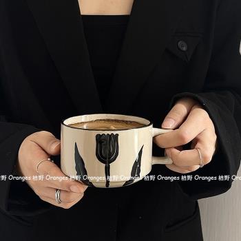 日式ins復古手繪花朵陶瓷馬克杯方柄咖啡杯早餐牛奶杯咖啡店餐具
