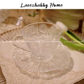 LACESHABBY新款法式復古風格雕刻大麗花透明玻璃下午茶杯碟咖啡杯