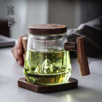 男士高檔耐熱玻璃杯子帶把手辦公室過濾泡茶杯茶水分離觀山茶道杯