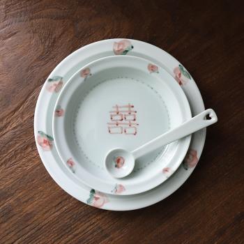 桃喜手工圓形盤子牛排平盤菜盤家用早餐碟子景德鎮手繪陶瓷餐具