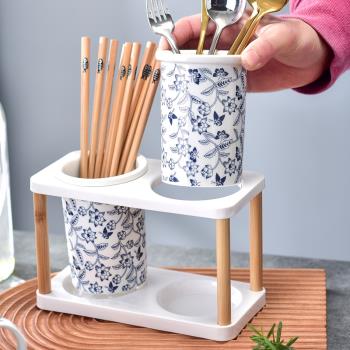 復古青花陶瓷家用創意瀝水筷子桶筷籠廚房收納置物架快龍子筷簍筒