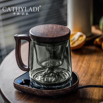 Cathyladi 過濾玻璃杯帶把手茶水分離泡茶杯辦公室水杯保溫恒溫墊