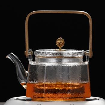 日式耐熱玻璃方把茶壺煮茶壺竹把提梁壺創意別致煮茶銅珠錘紋茶壺