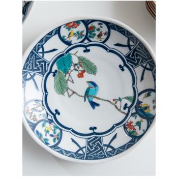日本進口九穀燒陶瓷彩繪花鳥盤子餐具菜碟面湯碗平盤淺盤家用禮盒