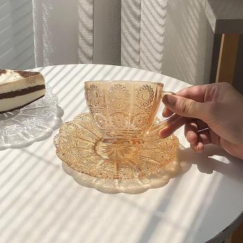ins咖啡杯套裝輕奢北歐小玻璃杯碟創意太陽花拿鐵小精致歐式碟子