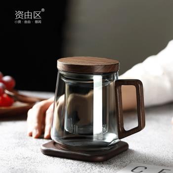 玻璃杯男士個人專用帶蓋耐杯子熱高檔木柄家用喝水茶水分離泡茶杯