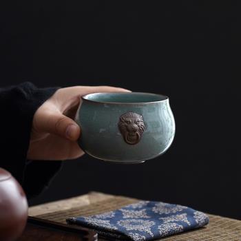 陶瓷哥窯茶杯家用主人杯單杯可養開片品茗杯大號瑞獸風水缸杯中式
