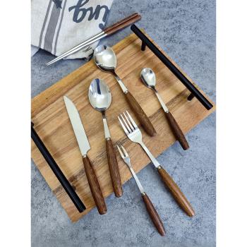 SD餐廳家用日式不銹鋼圓頭單人裝雞翅木柄牛排刀叉勺子筷子水果叉