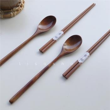 LS 日式木筷子 木質餐具家用木質筷子勺子套組