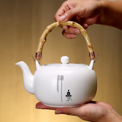 陶瓷茶壺大容量中式瓷壺泡茶器單壺竹提梁壺功夫茶具禪意涼水壺|茶壺