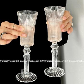 中古浮珠豎紋氣泡酒杯ins法式香檳杯葡萄酒杯高腳玻璃杯小眾高級