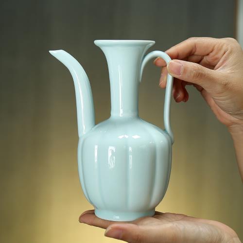 宋代點茶執壺茶藝湯瓶青瓷溫酒壺復古中式宋代陶瓷手執壺茶壺茶具|茶壺