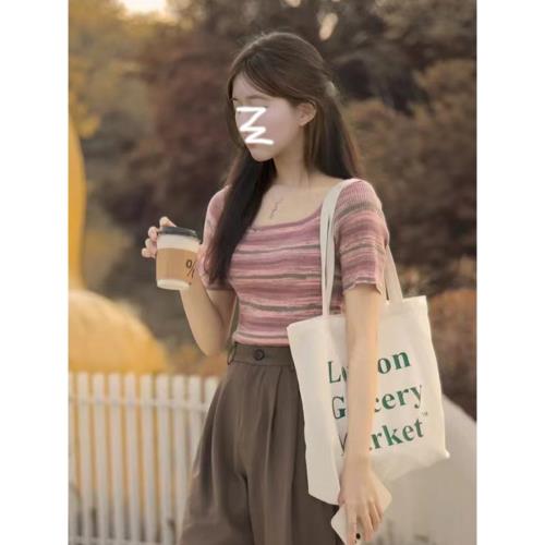 穿搭方領T恤女條紋針織短款上衣短袖女2024夏季