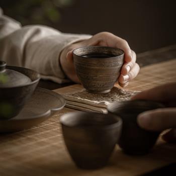 復古鎏金陶瓷茶盞家用個人杯中式手工粗陶茶杯單杯功夫茶具品茗杯