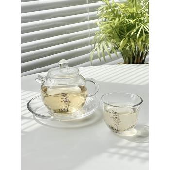 新中式水墨竹玻璃小壺家用養生泡茶壺耐熱煮茶壺過濾功夫茶具杯子