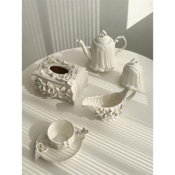 態生活復古浮雕陶瓷咖啡套具手捏山茶花下午茶套裝紙巾盒創意禮品