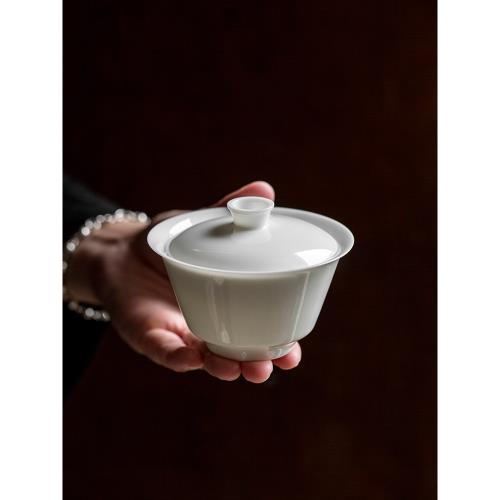 德化白瓷單個蓋碗茶杯陶瓷手工羊脂玉大號泡茶器家用功夫三才茶碗