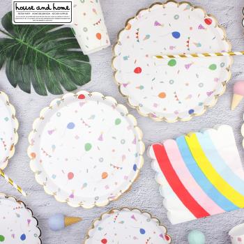 彩色熱賣一次性加厚紙盤子野餐餐具套裝兒童生日派對蛋糕裝飾碟子