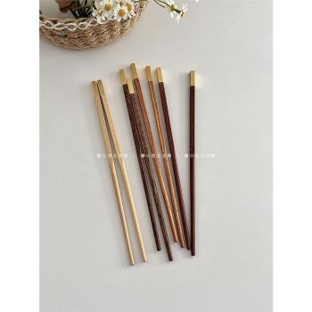 糖小姐 實木筷子家用原木公筷天然雞翅木筷高檔紅檀中式銅頭木筷
