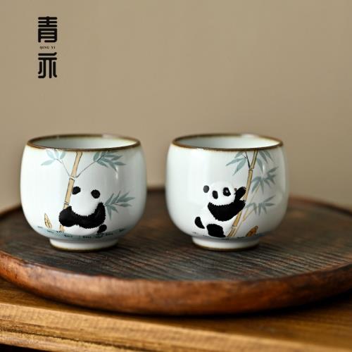 青亦丨景德鎮手拉坯手繪大熊貓戲竹汝窯開片茶杯主人杯陶瓷品茗杯
