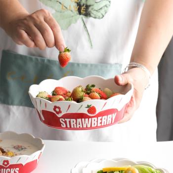 ins可愛手繪草莓盤 陶瓷飯盤深盤子創意釉下彩花邊沙拉盤家用餐具
