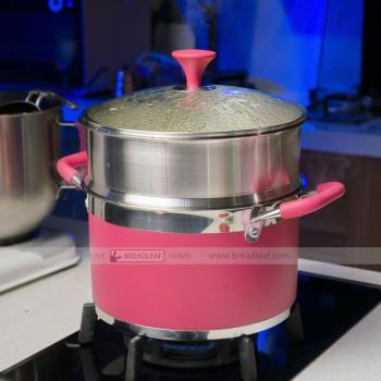紅色直身復合底304不銹鋼小蒸鍋 蒸鍋湯鍋兩用 蒸籠24cm爐灶通用