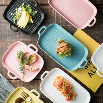 北歐長方形雙耳烤盤烤箱用陶瓷盤子家用烘焙小吃盤早餐盤點心盤