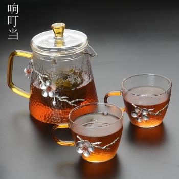 玻璃錘紋泡茶壺帶內膽日式小號茶壺家用耐熱單壺可加熱梅花煮茶壺