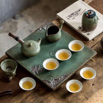 碌心 粗陶日式復古簡約功夫茶具套裝搭配儲水排水兩用泗水茶盤
