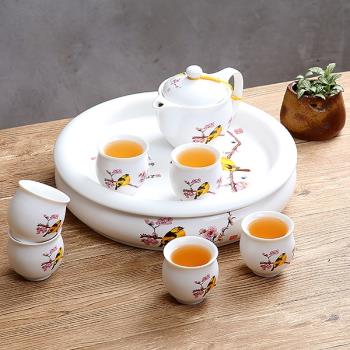 陶瓷功夫茶具雙層茶杯青花瓷帶瓷盤整套泡茶具儲水圓形幹泡盤家用