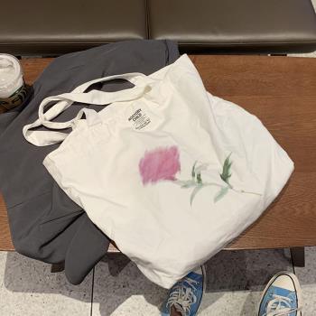 小眾款白色帆布包女印花布袋日系簡約大容量粉玫瑰單肩包托特包