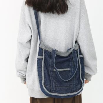 韓國ins單肩包女大容量托特包藍色復古牛仔包帆布包學生上課包包