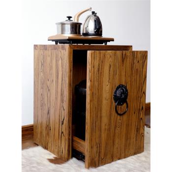 實木茶水柜中式藏純凈水桶燒水臺簡約老榆木小餐邊柜單門收納柜子