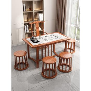 新中式陽臺巖板茶桌椅組合實木泡茶臺小型休閑桌椅茶幾1.4米一體