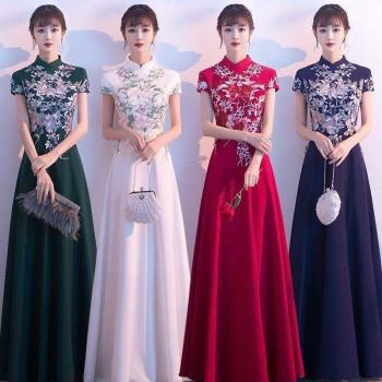 中式晚禮服女2021新款高貴宴會主持人氣質長款旗袍氣場女王連衣裙