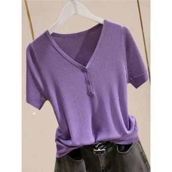 V領冰絲針織短袖T恤女夏季薄款顯瘦百搭體恤時尚洋氣修身紫色上衣