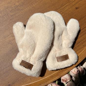 加絨仿兔毛手套 連指并紙毛絨秋冬保暖手套 時尚可愛甜美女生學生