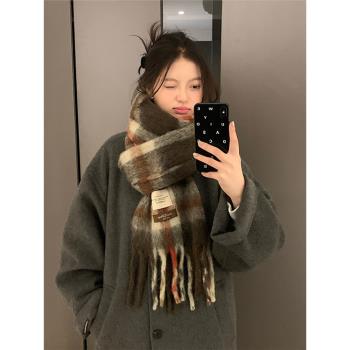 韓版格子流蘇圍巾女冬季2023新款百搭高級感加厚保暖防寒披肩兩用