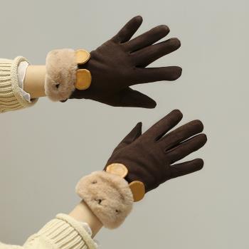 女麂皮ins冬季加絨加厚五指手套