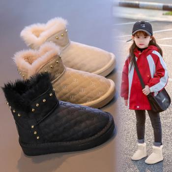 女童雪地靴2023冬季新款保暖棉鞋兒童加絨加厚皮面棉靴小女孩短靴