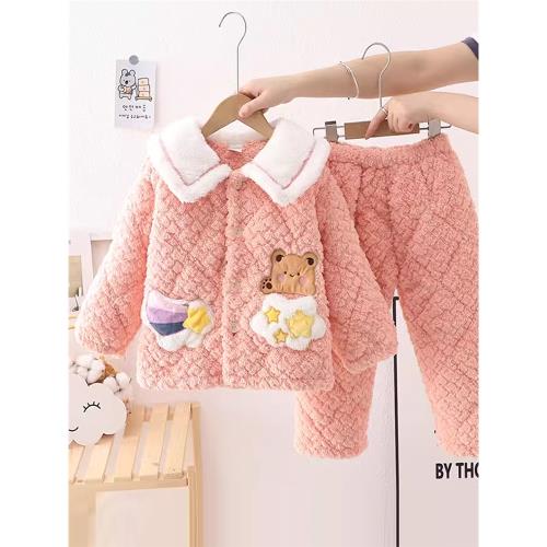女童秋冬季法蘭絨睡衣兒童公主加絨加厚保暖家居服寶寶珊瑚絨套裝