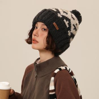 IIING帽控 新款ins復古像素風毛線帽女秋冬保暖可愛毛球針織帽子