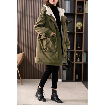 羊羔毛派克服女中長款2024新款秋冬韓版連帽加絨保暖皮草大衣