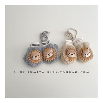 可愛小獅子~ins韓版兒童手套冬季男寶寶加絨保暖1歲2歲掛脖連指潮