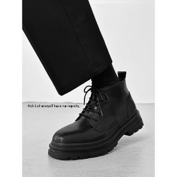 英倫通勤馬丁靴男士冬季加絨休閑低幫靴子復古黑色真皮保暖工裝鞋