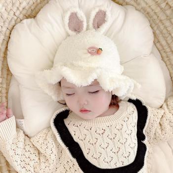 秋冬季嬰兒帽子女寶寶漁夫帽超萌卡通兔子嬰幼兒保暖帽套頭帽