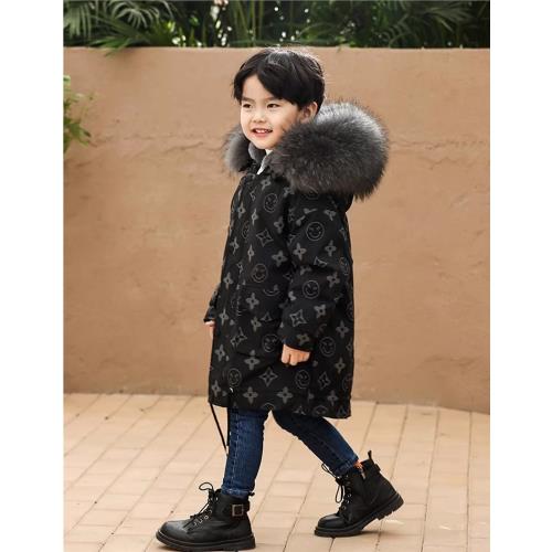 兒童派克服真貉子毛領獺兔內膽可拆卸夜光笑臉圖案寶寶氣派保暖