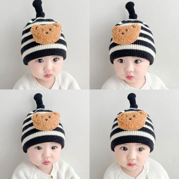 秋冬季嬰兒帽子超萌可愛男女女寶寶胎帽嬰幼兒保暖洋氣條紋套頭帽