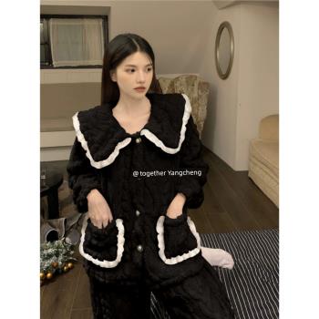 睡衣女冬季珊瑚絨新款2023高級感娃娃領法蘭絨加厚保暖家居服套裝