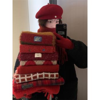 圣誕新年紅色圍巾帽子女冬季2023新款高級感保暖防寒可愛百搭禮物